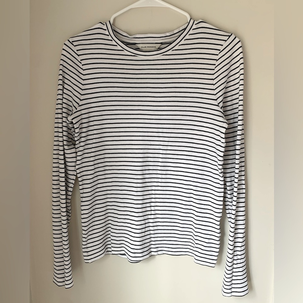 Club Monaco L White and Black Stripe Long-sleeve T Shirt, like new! Cotton modal